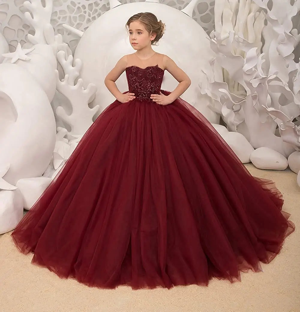 Burgundy Pageant Drsss for Girls Long Train Sheer Neck Flower Girls Dress Lace Toddler Princess Ball Gowns