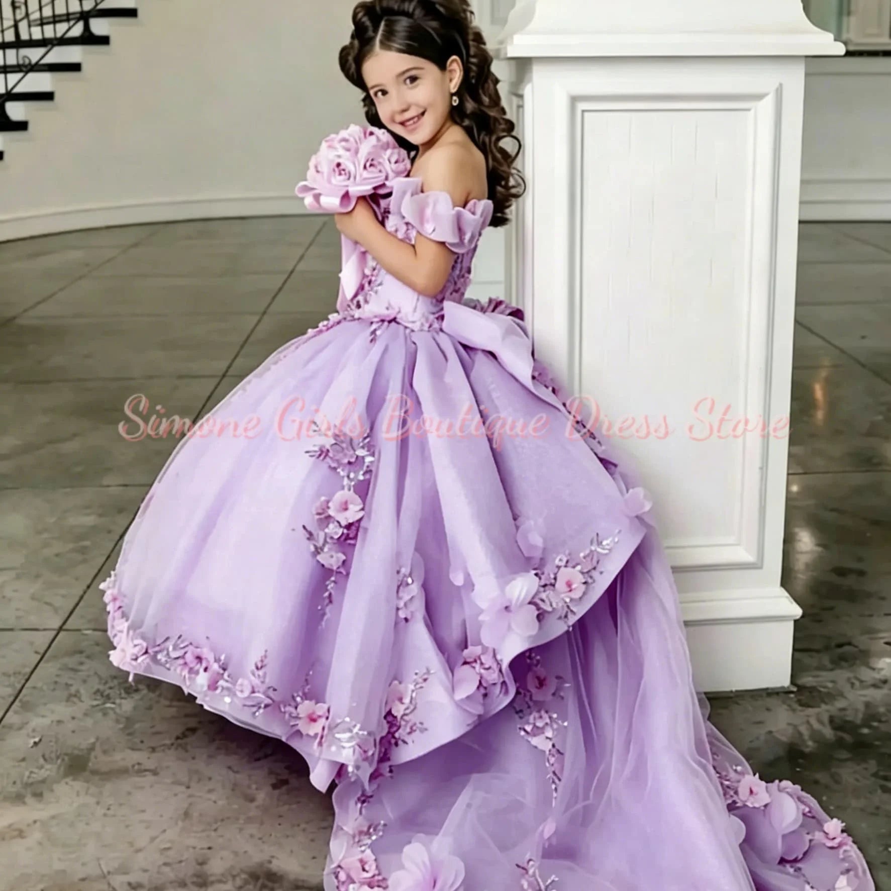 Girl Gown Flower Girl Dress for Wedding Off The Shoulder Applique Tulle Puffy Birthday Party First Communion Gowns Customized
