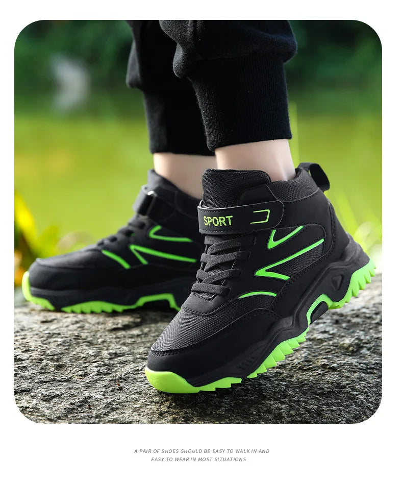 Children Casual Luminous Shoes For Boys Breathable Sneaker Winter Warm Plush Kids Hook&Loop Non-slipl Hiking Sports Shoes