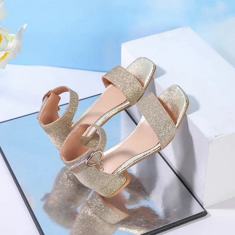 2025 Summer New Children's Sandals Fashion Girls' High Heels Silver Sequins Open Toed Girls' Princess Sandals