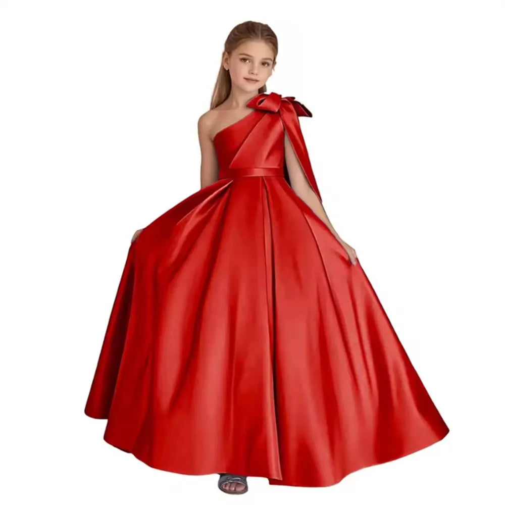 One Shoulder Flower Girl Dress for Wedding Satin Pageant Dresses for Girls First Communion Dress with Bow Ball Gown