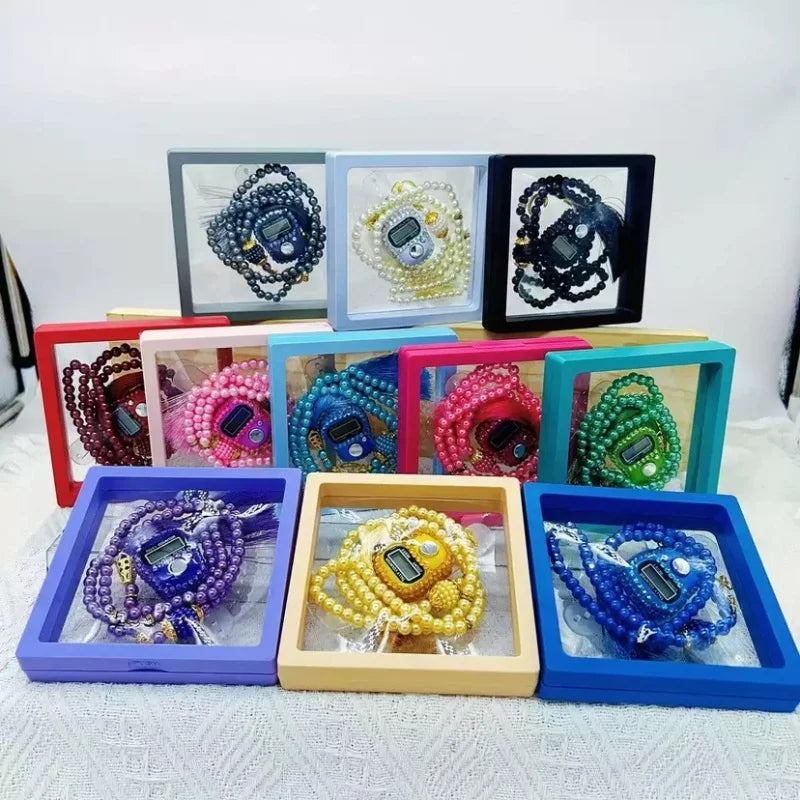 Colorful Muslim Prayer Beads Set with Islamic Finger Counter,Portable Finger Counter 99 Prayer Beads Bracelet 2 Pieces Gift Set