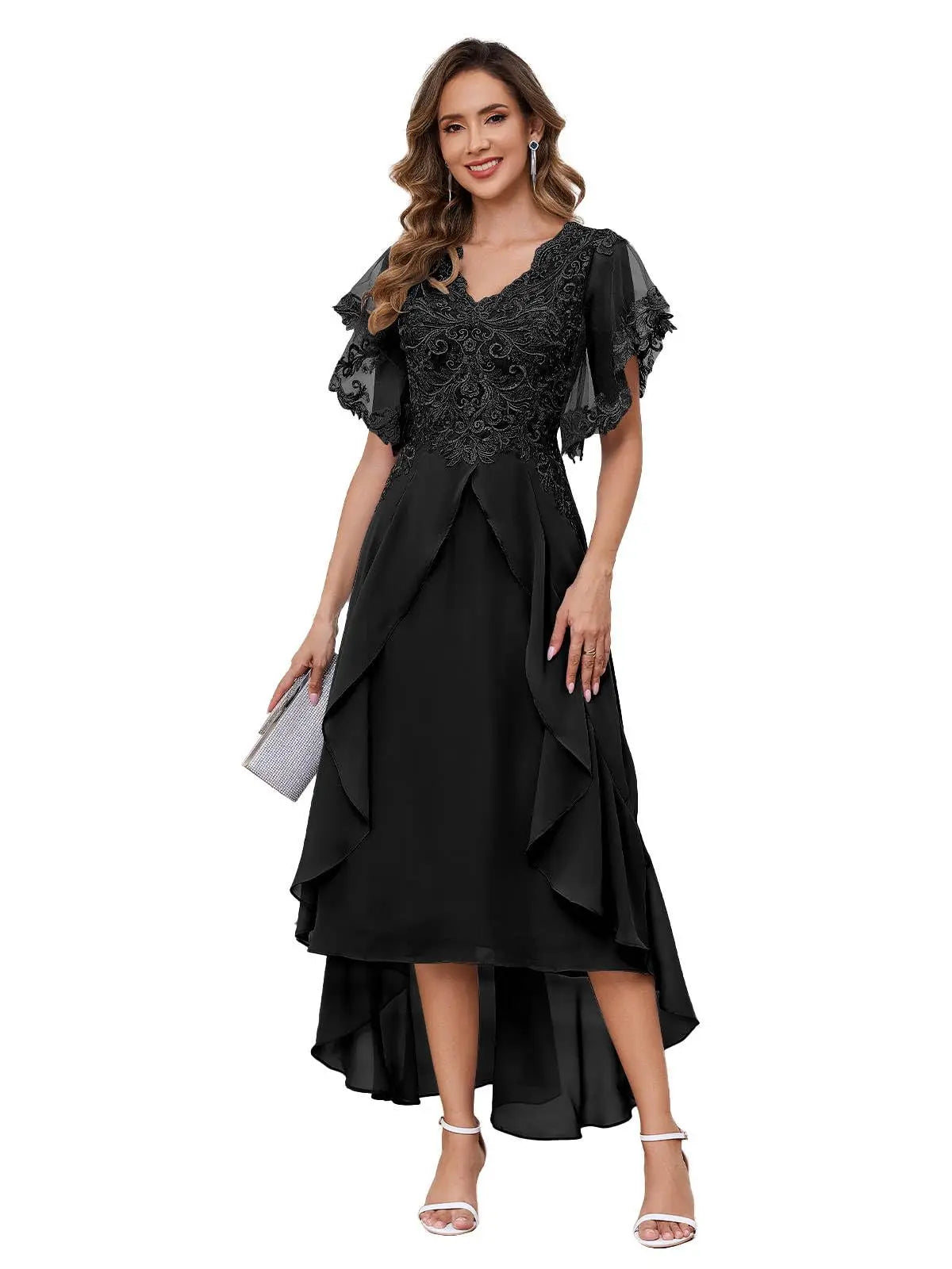 Customized Exquisite Tea Length Mother of The Bride Dresses Ruffle Sleeve V Neck Lace Chiffon Wedding Formal Evening Dress