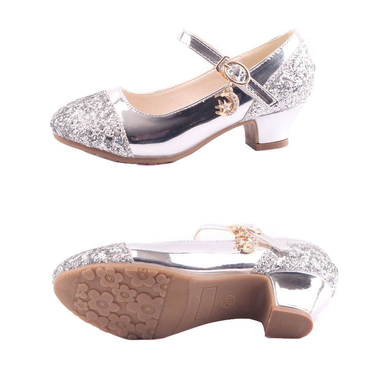 Gold Glitter Girl Heeled Shoe Girl Ceremony Dress Shoes for Party and Wedding Shiny Golden Formal Shoes with Sequins for Girls