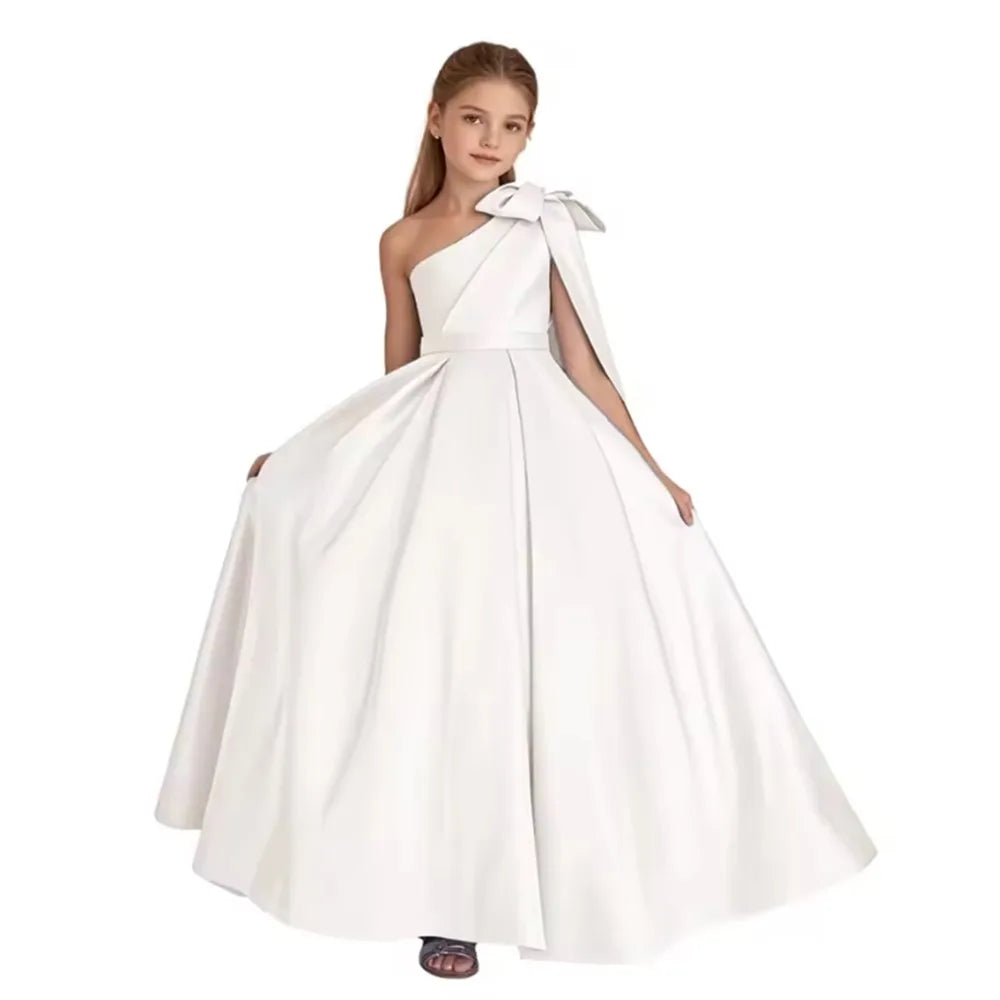 One Shoulder Flower Girl Dress for Wedding Satin Pageant Dresses for Girls First Communion Dress with Bow Ball Gown