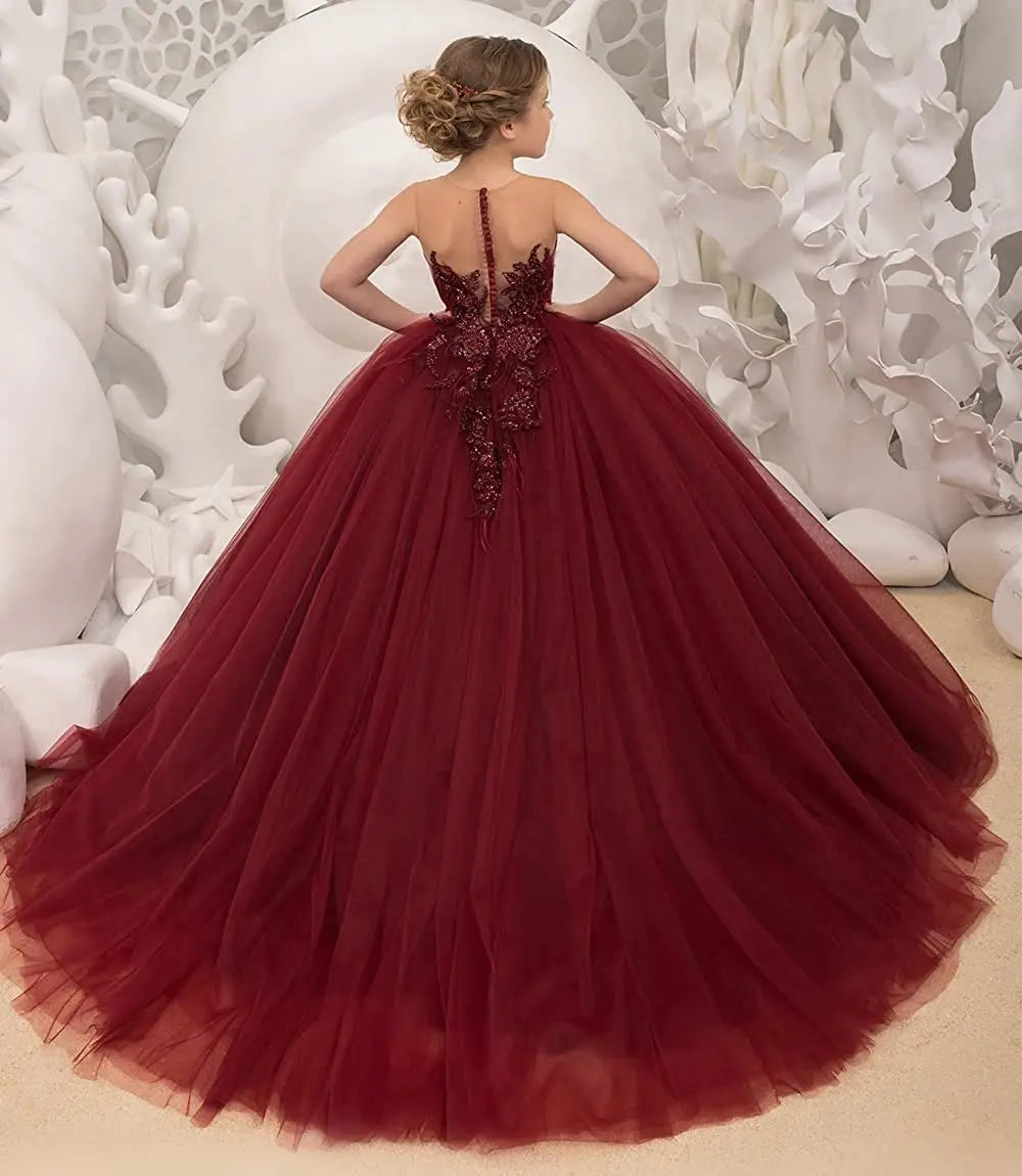 Burgundy Pageant Drsss for Girls Long Train Sheer Neck Flower Girls Dress Lace Toddler Princess Ball Gowns