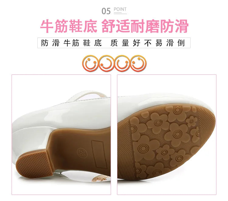 2024 New Four Seasons Girls High Heels Princess Performance Shoe for Students White Children Wedding Party Dnace Shoes Black Red