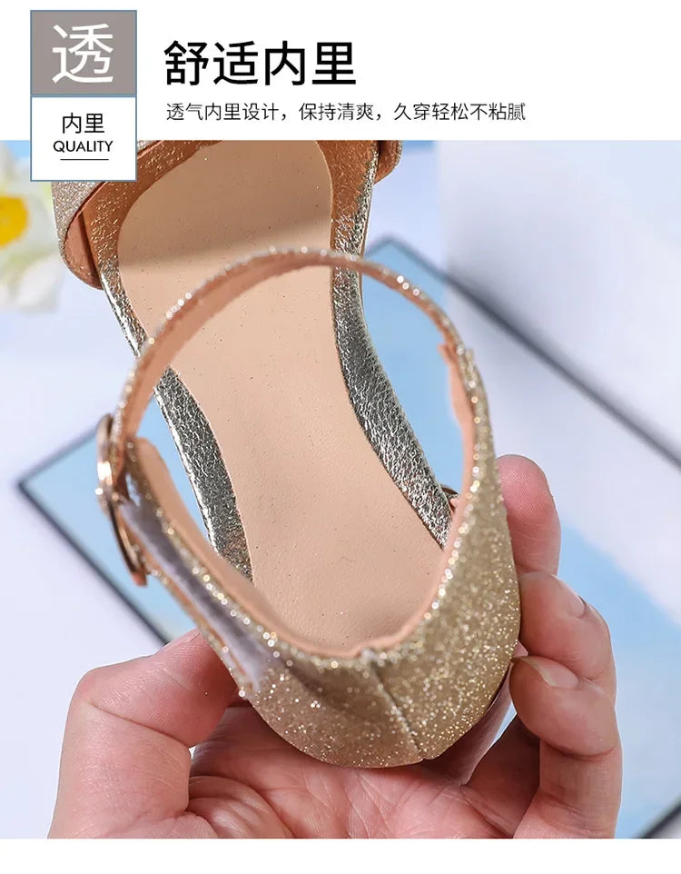 2025 Summer New Children's Sandals Fashion Girls' High Heels Silver Sequins Open Toed Girls' Princess Sandals