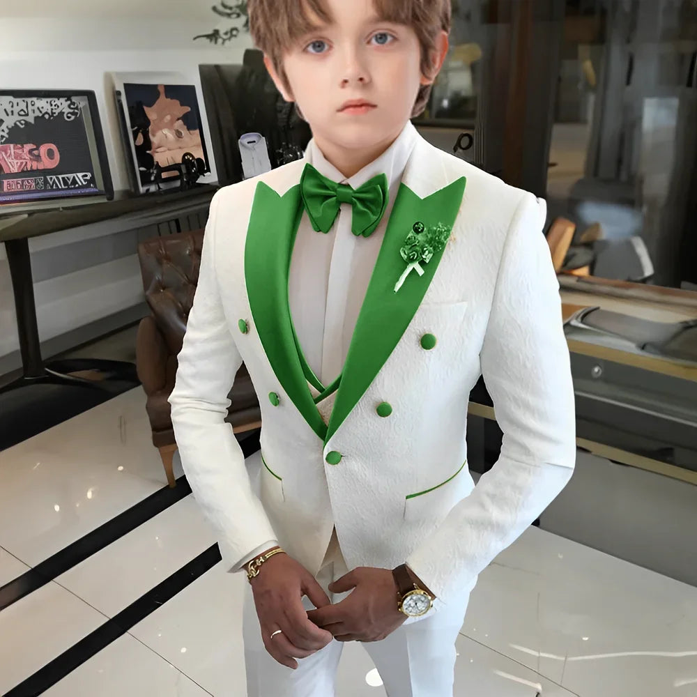 White Floral Wedding Tuxedo for Boys 3 Pieces Jacquard Suits Double Breasted Kids Tuxedo 2025 Fashion Design Jacket Pants Vest