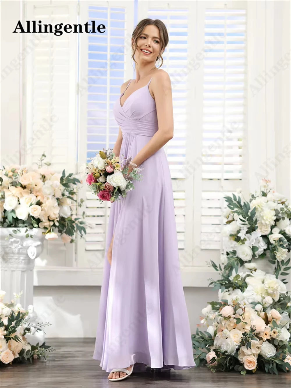 Allingentle Lilac V-Neck Bridesmaid Dress A-Line Spaghetti-straps Pleated Chiffon Side Slit Maxi Dress with Pocket Customized