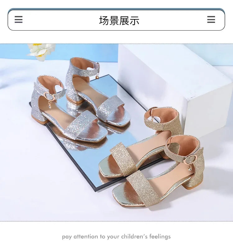 2025 Summer New Children's Sandals Fashion Girls' High Heels Silver Sequins Open Toed Girls' Princess Sandals