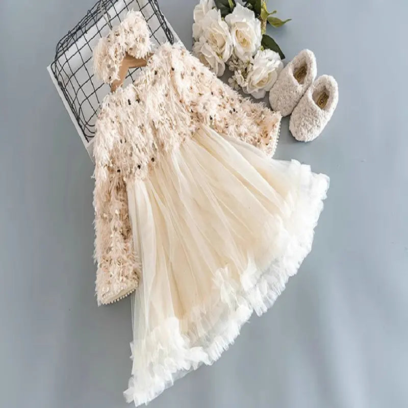 Children Clothing Girl Dress 2023 Winter New Children Plush and Thickened Princess Skirt with A Bow As A Gift