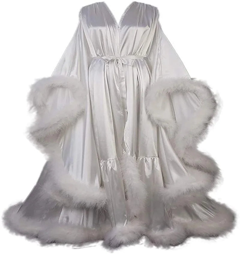 Feather Satin Women Prom Dress Sexy V Neck Full Sleeves Belted Bridal Party Gown Evening Gown Sleepwear Customized Skirt