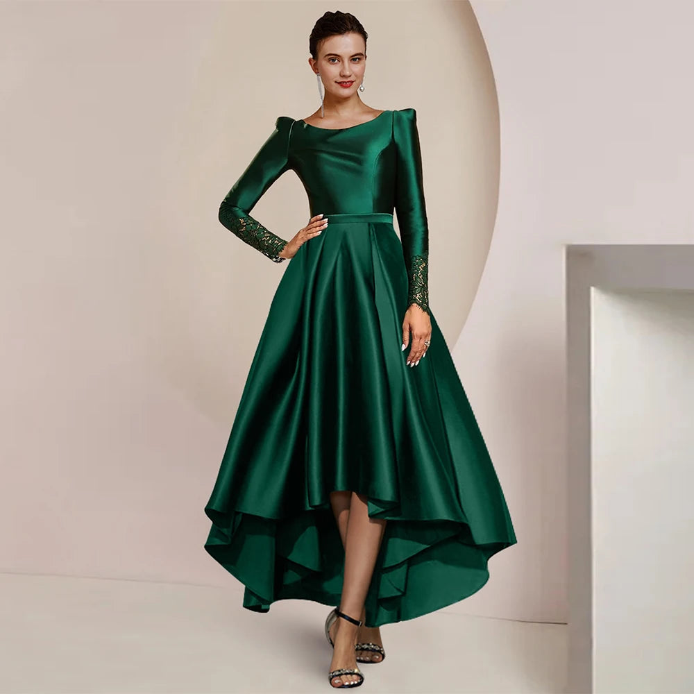 Emerald Green Satin Mother of The Bride Dress Long Sleeves Scoop Lace Covered Back A Line Wedding Guest Gown Party Dresses