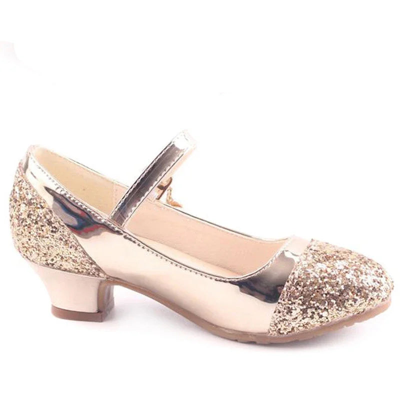 Gold Glitter Girl Heeled Shoe Girl Ceremony Dress Shoes for Party and Wedding Shiny Golden Formal Shoes with Sequins for Girls