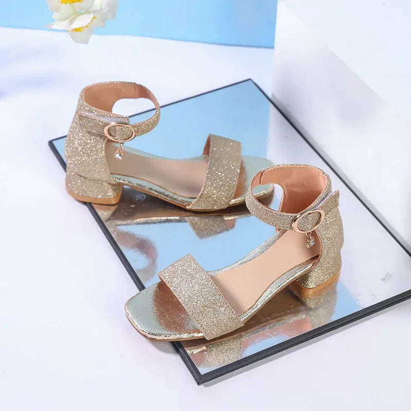 2025 Summer New Children's Sandals Fashion Girls' High Heels Silver Sequins Open Toed Girls' Princess Sandals