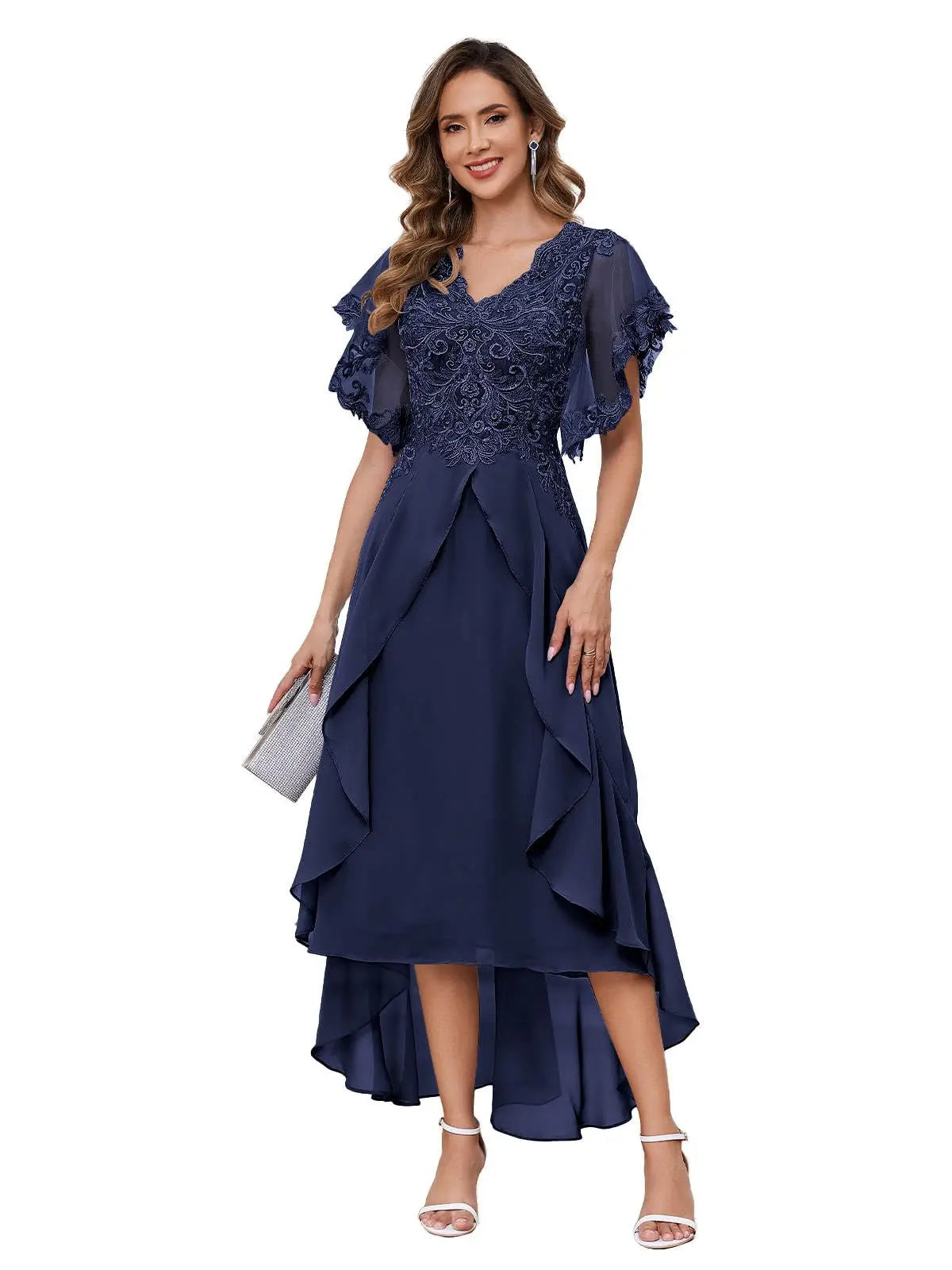 Customized Exquisite Tea Length Mother of The Bride Dresses Ruffle Sleeve V Neck Lace Chiffon Wedding Formal Evening Dress