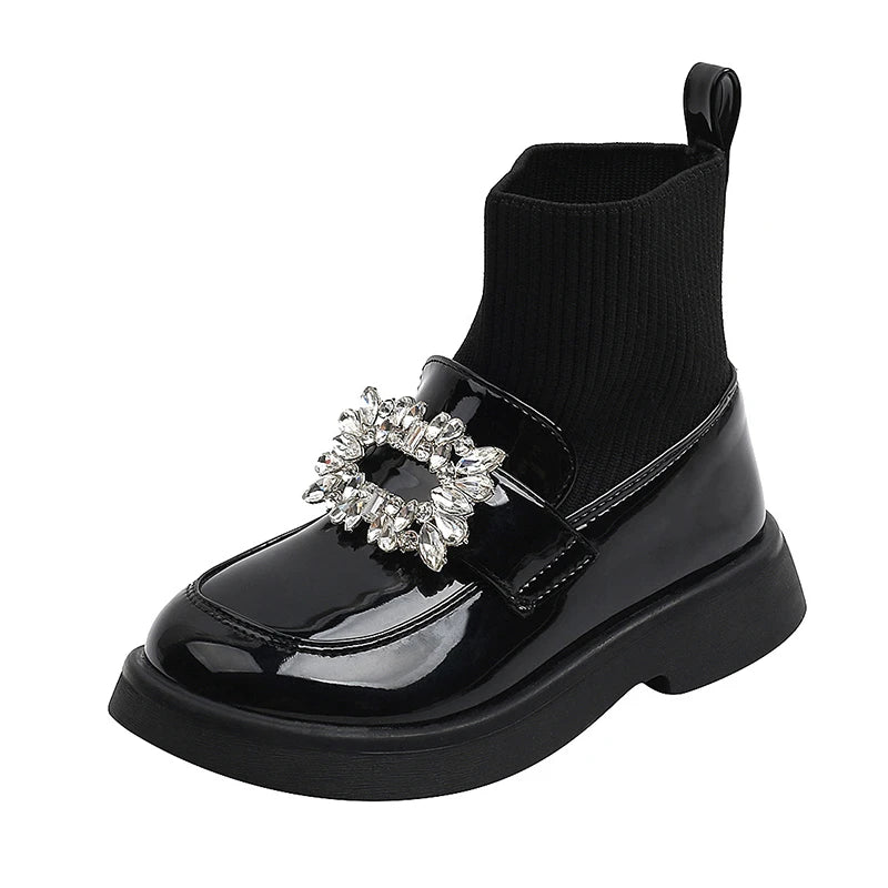 Children Fashion Boots Girls Rhinestone Princess Boots Square Buckle Breathable Kids Sock Shoes 2024 Spring Autumn New