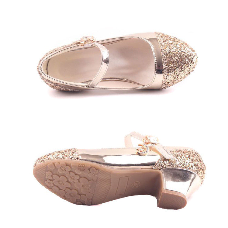 Gold Glitter Girl Heeled Shoe Girl Ceremony Dress Shoes for Party and Wedding Shiny Golden Formal Shoes with Sequins for Girls