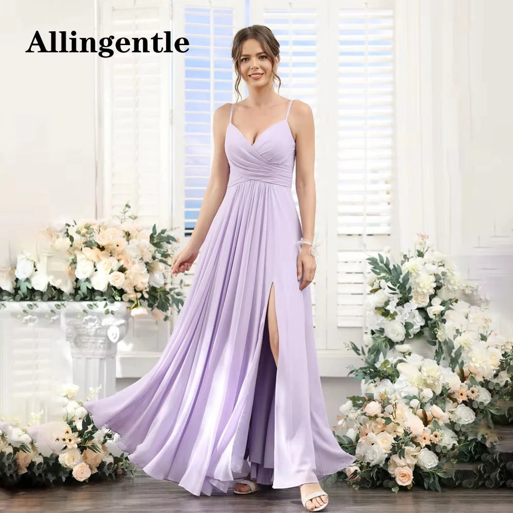 Allingentle Lilac V-Neck Bridesmaid Dress A-Line Spaghetti-straps Pleated Chiffon Side Slit Maxi Dress with Pocket Customized