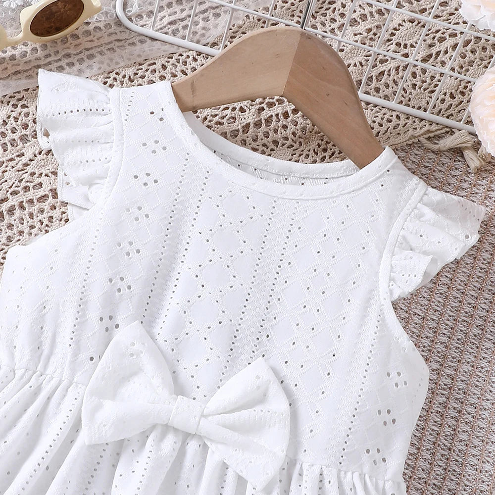 Girls' Summer Fashion Hollow Bow Pure White Dress