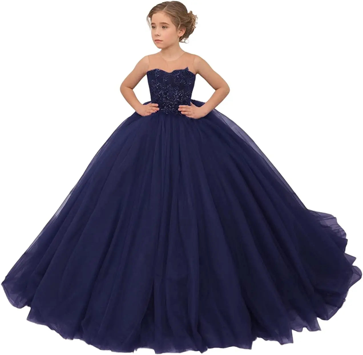 Burgundy Pageant Drsss for Girls Long Train Sheer Neck Flower Girls Dress Lace Toddler Princess Ball Gowns