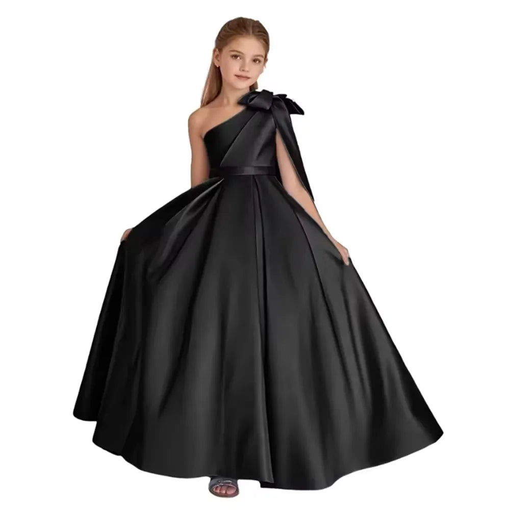 One Shoulder Flower Girl Dress for Wedding Satin Pageant Dresses for Girls First Communion Dress with Bow Ball Gown