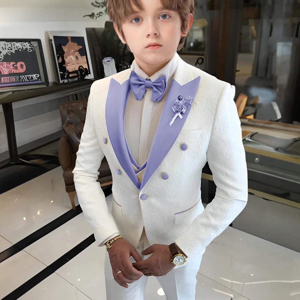 White Floral Wedding Tuxedo for Boys 3 Pieces Jacquard Suits Double Breasted Kids Tuxedo 2025 Fashion Design Jacket Pants Vest