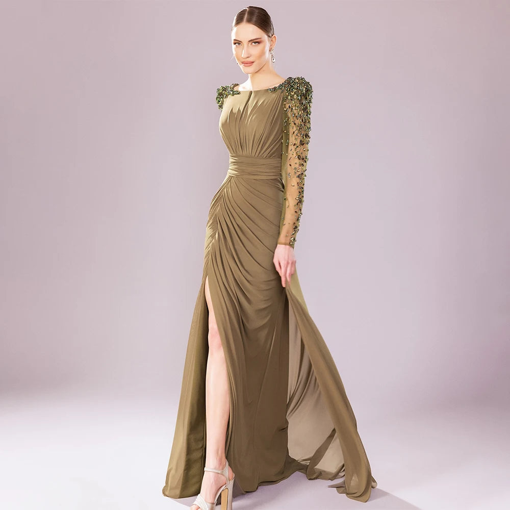 Luxury Wedding Party Dress Crystal Long Sleeves Column Formal Evening Gowns Green Chiffon Side Split Mother of the Bride Dresses