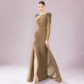 Luxury Wedding Party Dress Crystal Long Sleeves Column Formal Evening Gowns Green Chiffon Side Split Mother of the Bride Dresses
