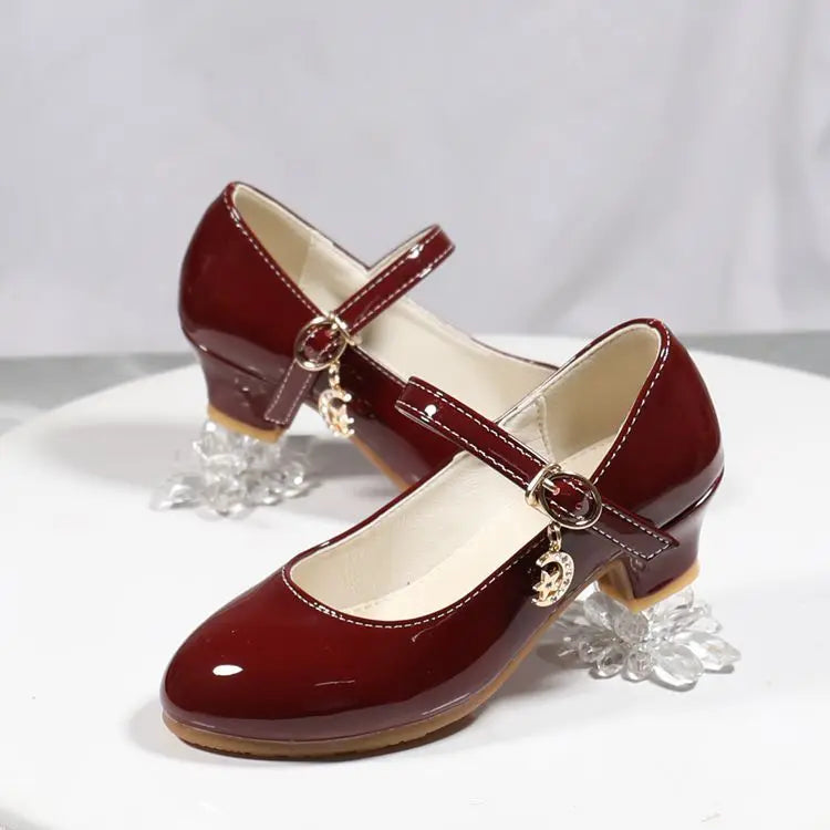 2024 New Four Seasons Girls High Heels Princess Performance Shoe for Students White Children Wedding Party Dnace Shoes Black Red