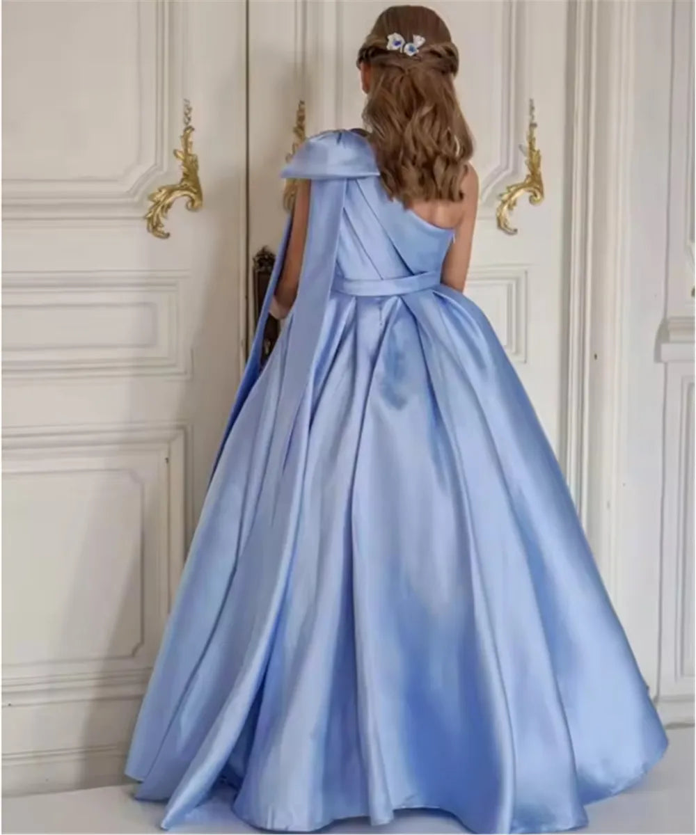 One Shoulder Flower Girl Dress for Wedding Satin Pageant Dresses for Girls First Communion Dress with Bow Ball Gown
