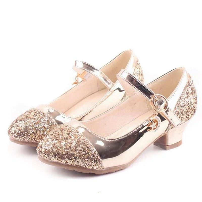 Gold Glitter Girl Heeled Shoe Girl Ceremony Dress Shoes for Party and Wedding Shiny Golden Formal Shoes with Sequins for Girls