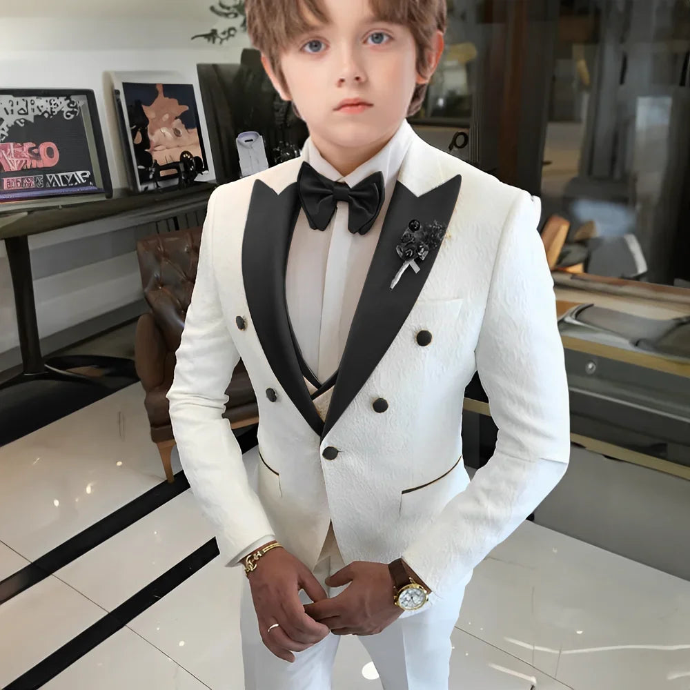 White Floral Wedding Tuxedo for Boys 3 Pieces Jacquard Suits Double Breasted Kids Tuxedo 2025 Fashion Design Jacket Pants Vest