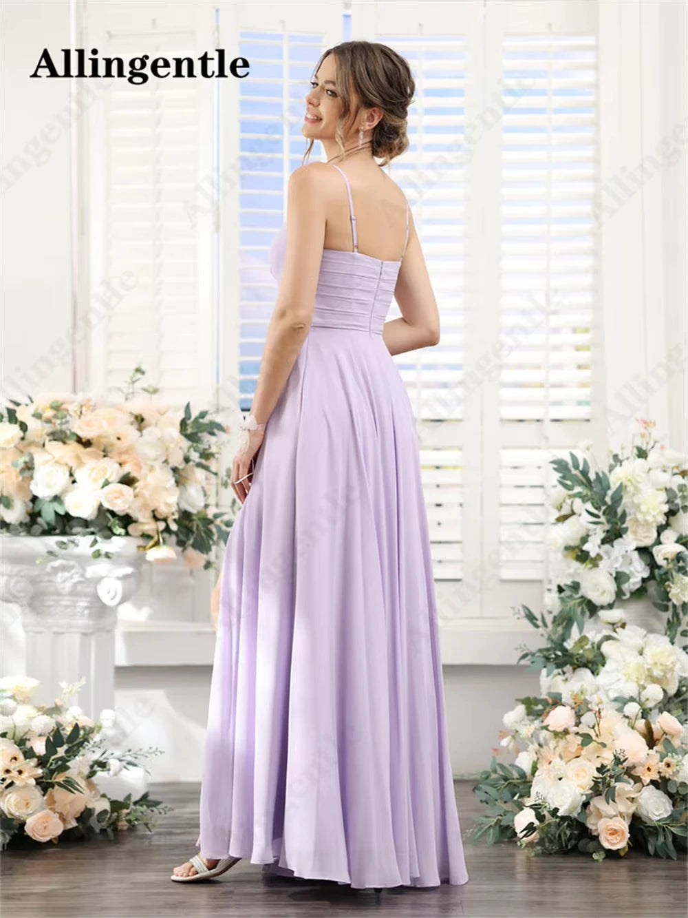 Allingentle Lilac V-Neck Bridesmaid Dress A-Line Spaghetti-straps Pleated Chiffon Side Slit Maxi Dress with Pocket Customized