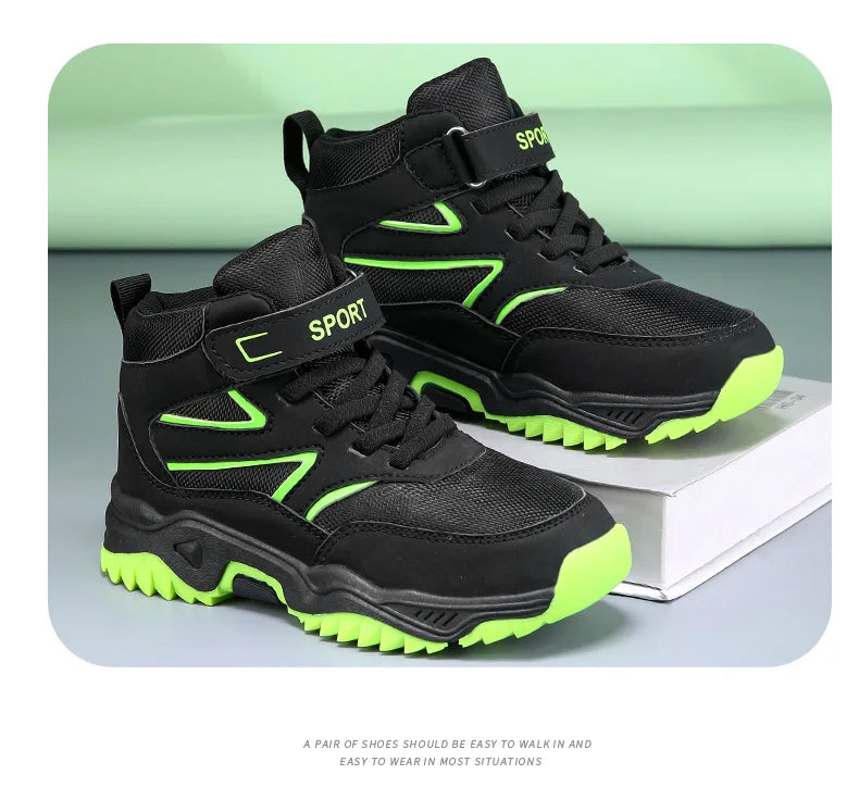 Children Casual Luminous Shoes For Boys Breathable Sneaker Winter Warm Plush Kids Hook&Loop Non-slipl Hiking Sports Shoes