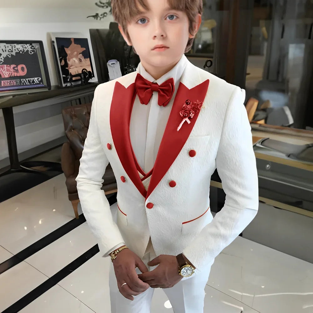 White Floral Wedding Tuxedo for Boys 3 Pieces Jacquard Suits Double Breasted Kids Tuxedo 2025 Fashion Design Jacket Pants Vest