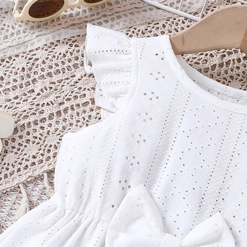 Girls' Summer Fashion Hollow Bow Pure White Dress