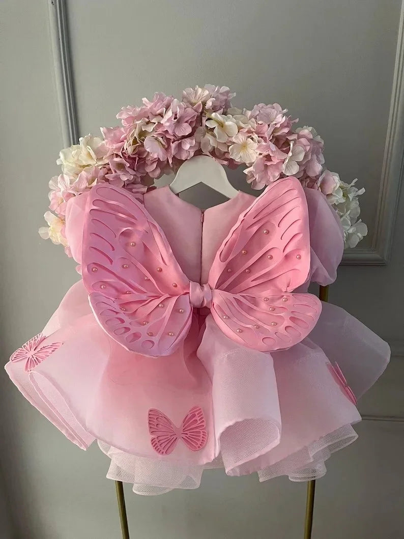 Pink Princess Dress for Girls with 3D Butterfly Decor, Flower Girl Dress for Weddings & Special Events