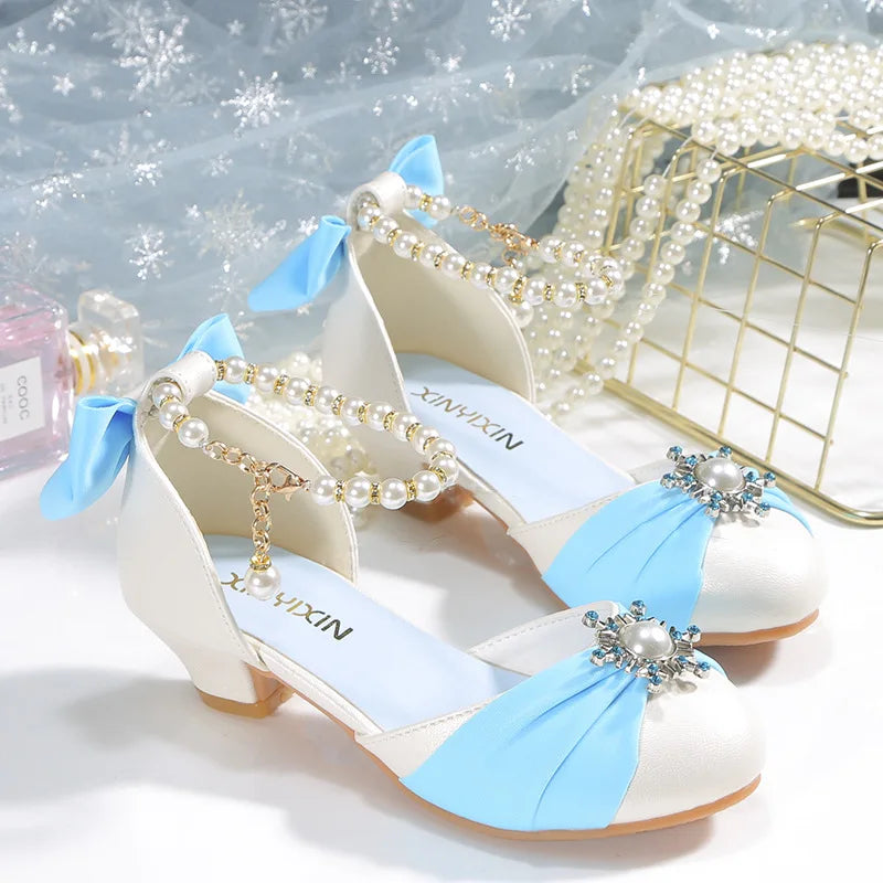 Kids Leather Shoes for Girls Knot Banquet Party Children High Heel Shoe for Kids Girls Sandals Student Crystal Princess Shoes