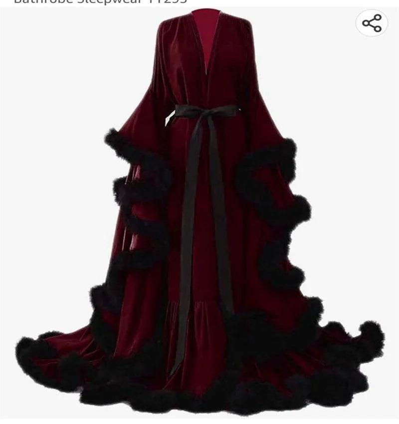 Feather Satin Women Prom Dress Sexy V Neck Full Sleeves Belted Bridal Party Gown Evening Gown Sleepwear Customized Skirt