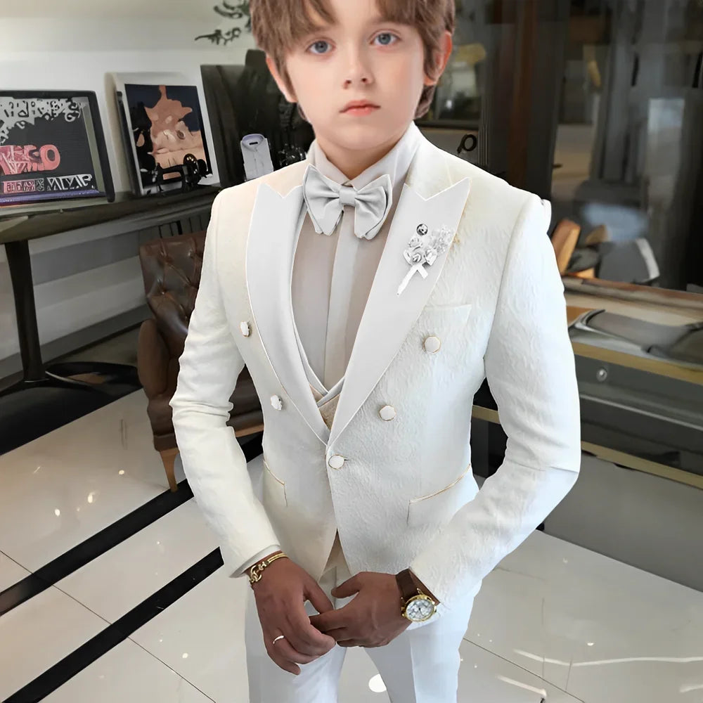 White Floral Wedding Tuxedo for Boys 3 Pieces Jacquard Suits Double Breasted Kids Tuxedo 2025 Fashion Design Jacket Pants Vest