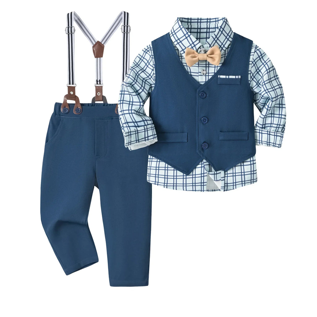 Vest Spring Set 1 2 3 4 5 Years Boy Host Wedding Costume Kid Cotton Suit Plaid Shirt with Solid Pants Strap Outfit Party Clothes