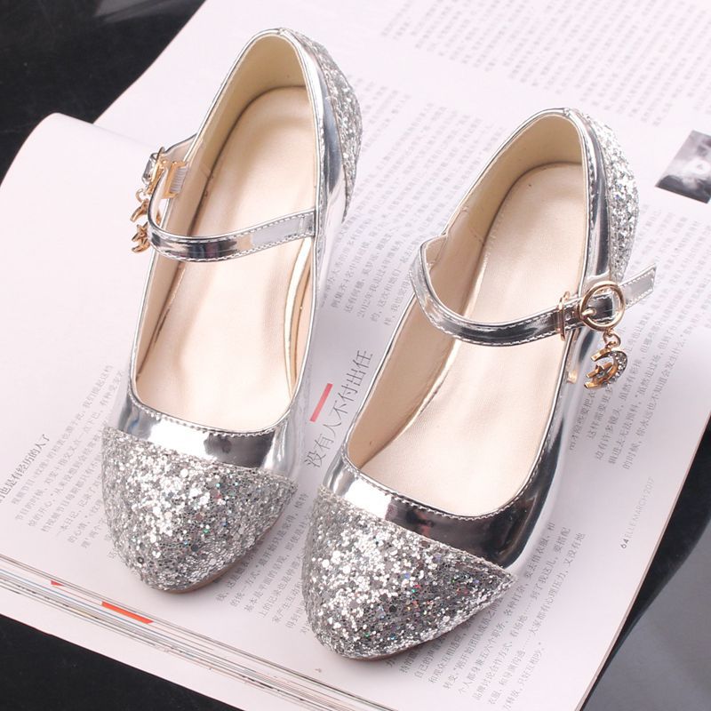 Gold Glitter Girl Heeled Shoe Girl Ceremony Dress Shoes for Party and Wedding Shiny Golden Formal Shoes with Sequins for Girls
