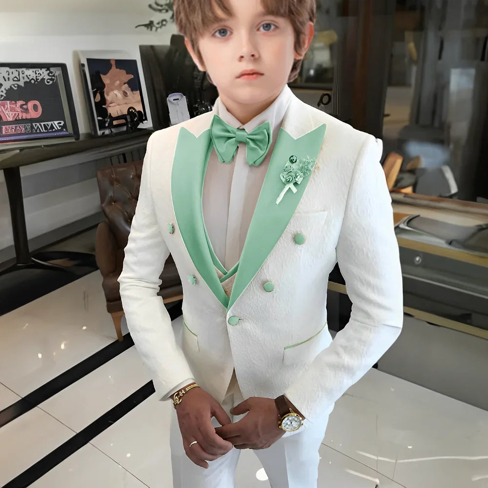 White Floral Wedding Tuxedo for Boys 3 Pieces Jacquard Suits Double Breasted Kids Tuxedo 2025 Fashion Design Jacket Pants Vest