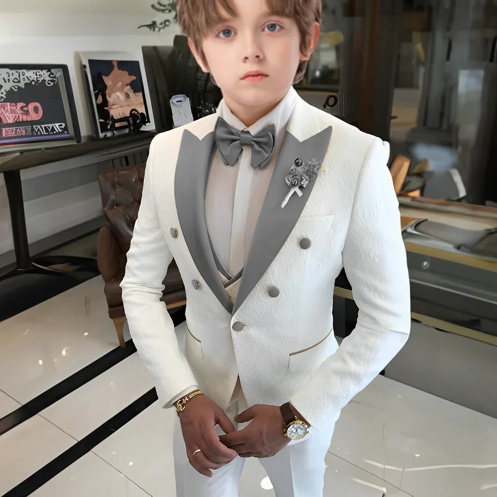White Floral Wedding Tuxedo for Boys 3 Pieces Jacquard Suits Double Breasted Kids Tuxedo 2025 Fashion Design Jacket Pants Vest