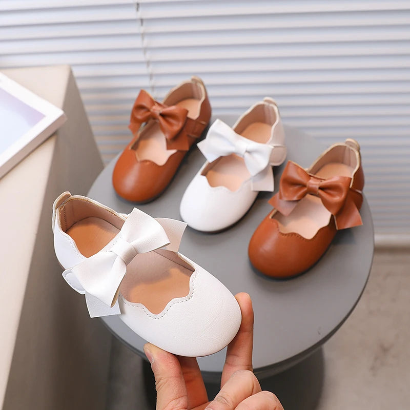 Girl's Princess Shoes Brown White Bowknot Lovely Shallow Children Flat Shoes Sweet Four Seasons 21-30 Light Kids Mary Janes