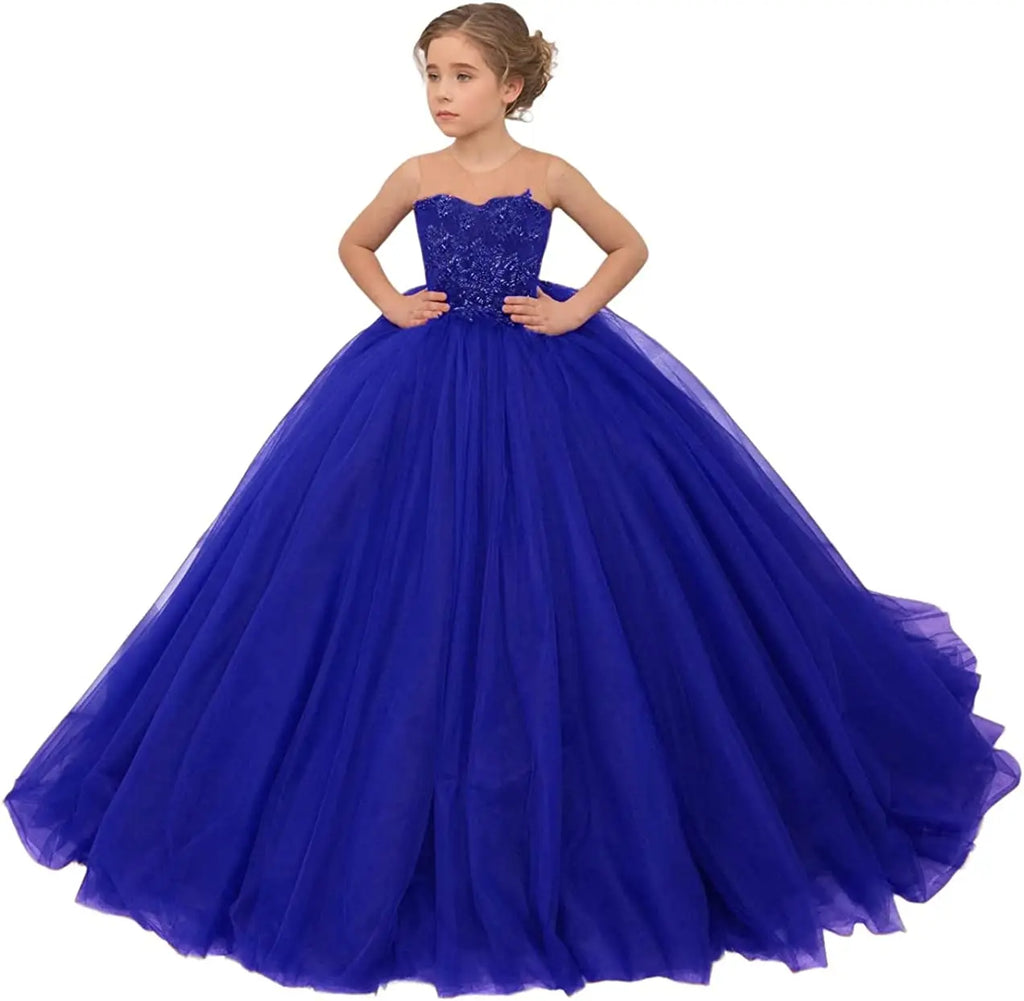 Burgundy Pageant Drsss for Girls Long Train Sheer Neck Flower Girls Dress Lace Toddler Princess Ball Gowns