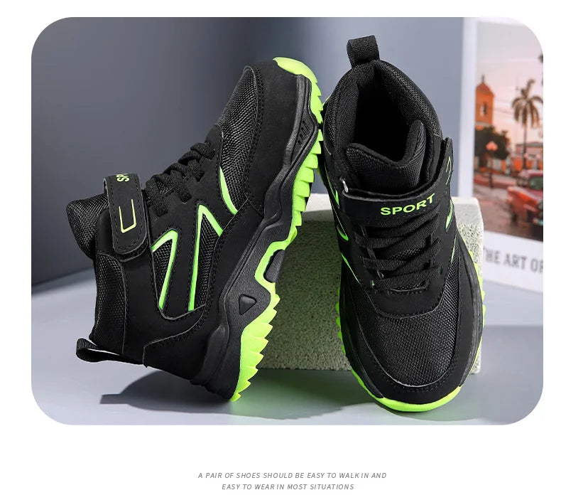Children Casual Luminous Shoes For Boys Breathable Sneaker Winter Warm Plush Kids Hook&Loop Non-slipl Hiking Sports Shoes