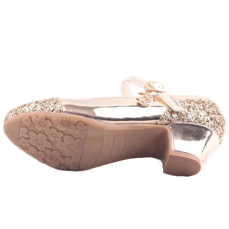 Gold Glitter Girl Heeled Shoe Girl Ceremony Dress Shoes for Party and Wedding Shiny Golden Formal Shoes with Sequins for Girls